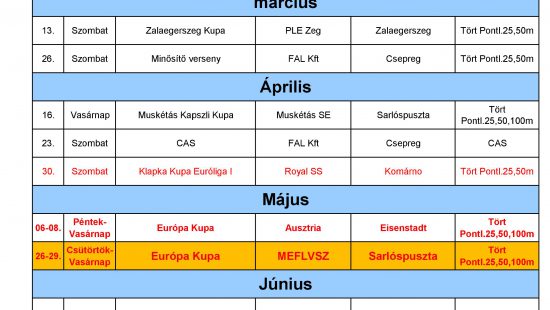 Frissítve! 2016. évi versenynaptár