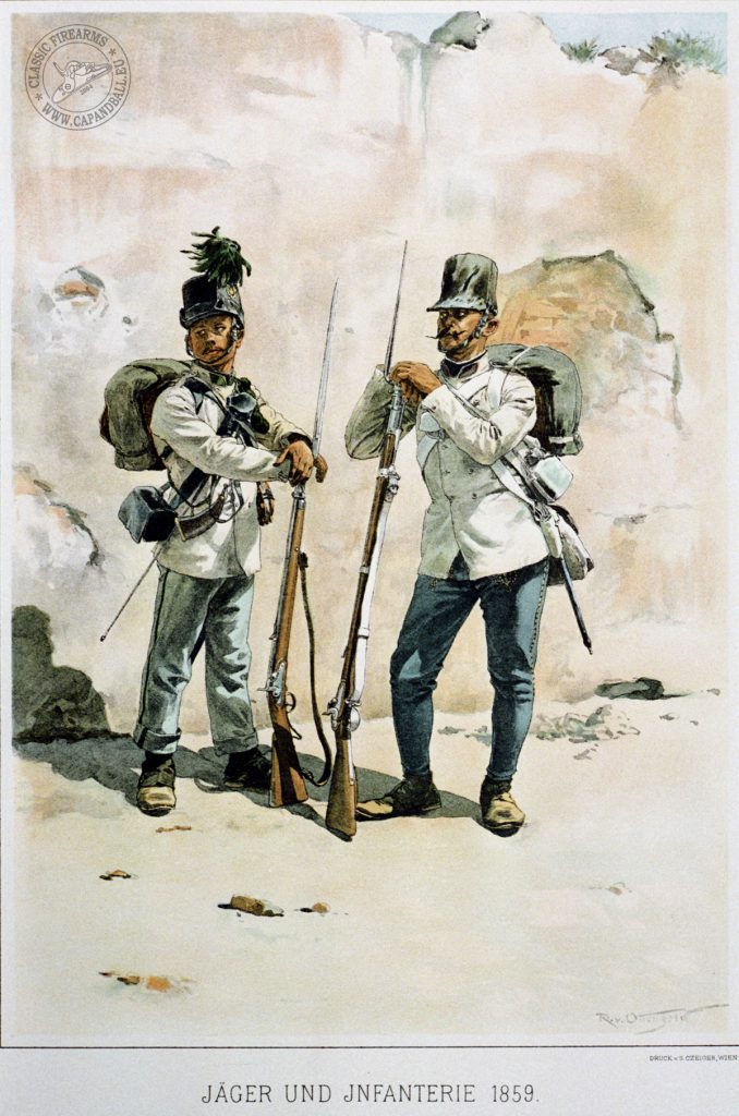 Vadász és magyar sorgyalogezred katonája Lorenz fegyverekkel. A felszerelés új tartozéka: a mellen viselt csappantyútartó